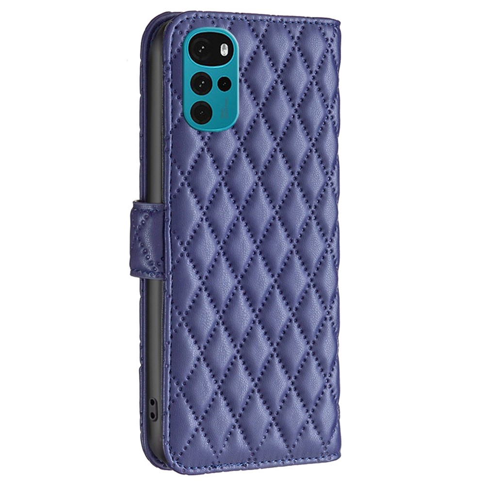 BINFEN COLOR For Motorola Moto G22 BF Style-14 PU Leather Stand Matte Case Imprinted Rhombus Pattern Phone Wallet Cover - Blue-8