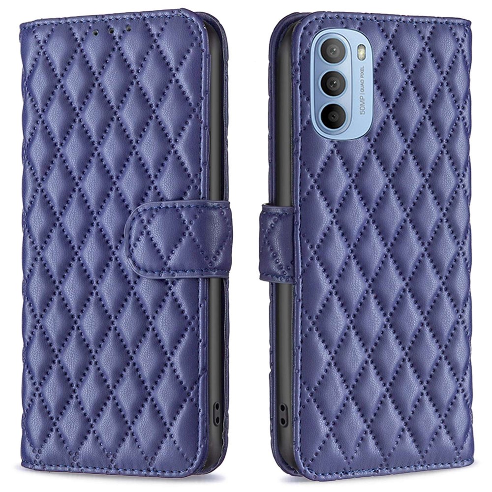 BINFEN COLOR For Motorola Moto G31 4G / G41 4G BF Style-14 Matte Phone Case Imprinted Rhombus Pattern PU Leather Wallet Stand Cover - Blue-1