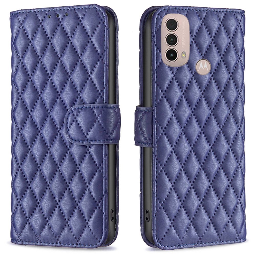 BINFEN COLOR For Motorola Moto E40 / E30 BF Style-14 Wallet Phone Cover Matte Imprinted Rhombus Pattern PU Leather Stand Case - Blue-1