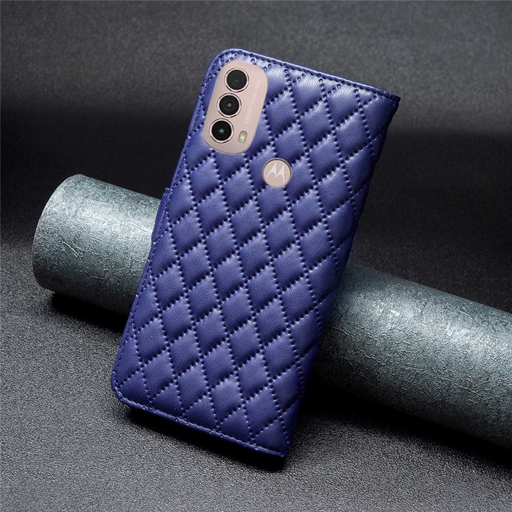 BINFEN COLOR For Motorola Moto E40 / E30 BF Style-14 Wallet Phone Cover Matte Imprinted Rhombus Pattern PU Leather Stand Case - Blue-6