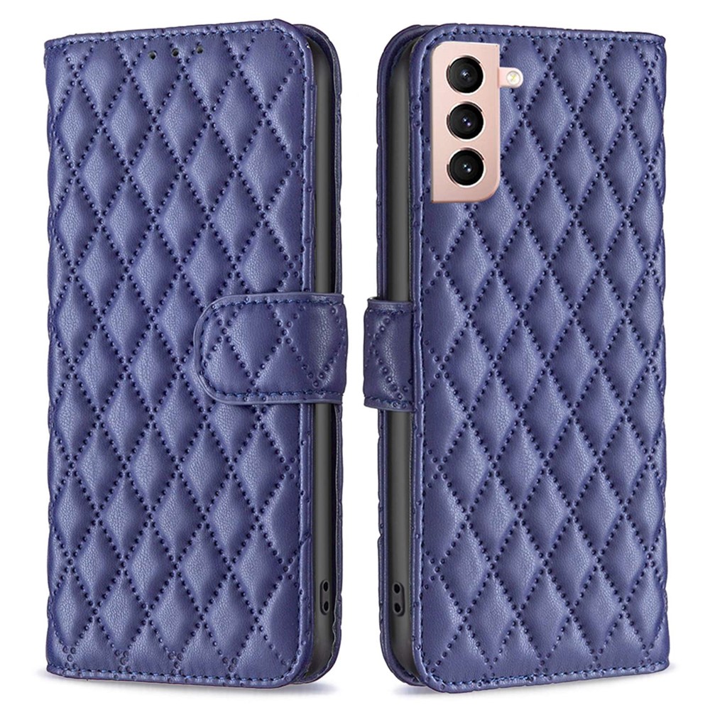 BINFEN COLOR For Samsung Galaxy S21 4G / 5G PU Leather Shell, BF Style-14 Imprinted Rhombus Pattern Wallet Cover Impact Resistant Matte Phone Stand Case - Blue-1