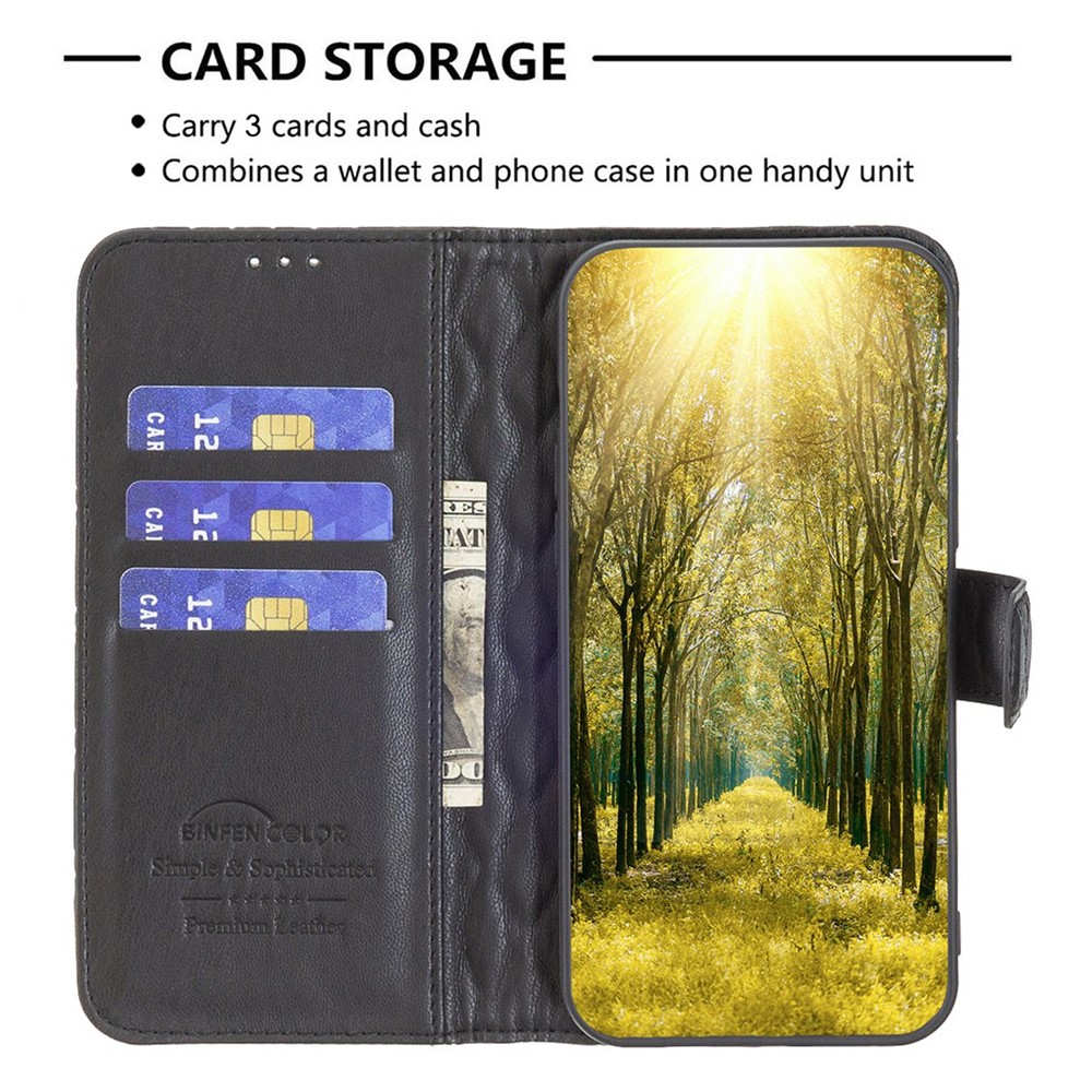 BINFEN COLOR For Samsung Galaxy S21+ 5G Wallet Cover, BF Style-14 Imprinted Rhombus Pattern Bump Proof Stand Matte PU Leather Case - Black-3