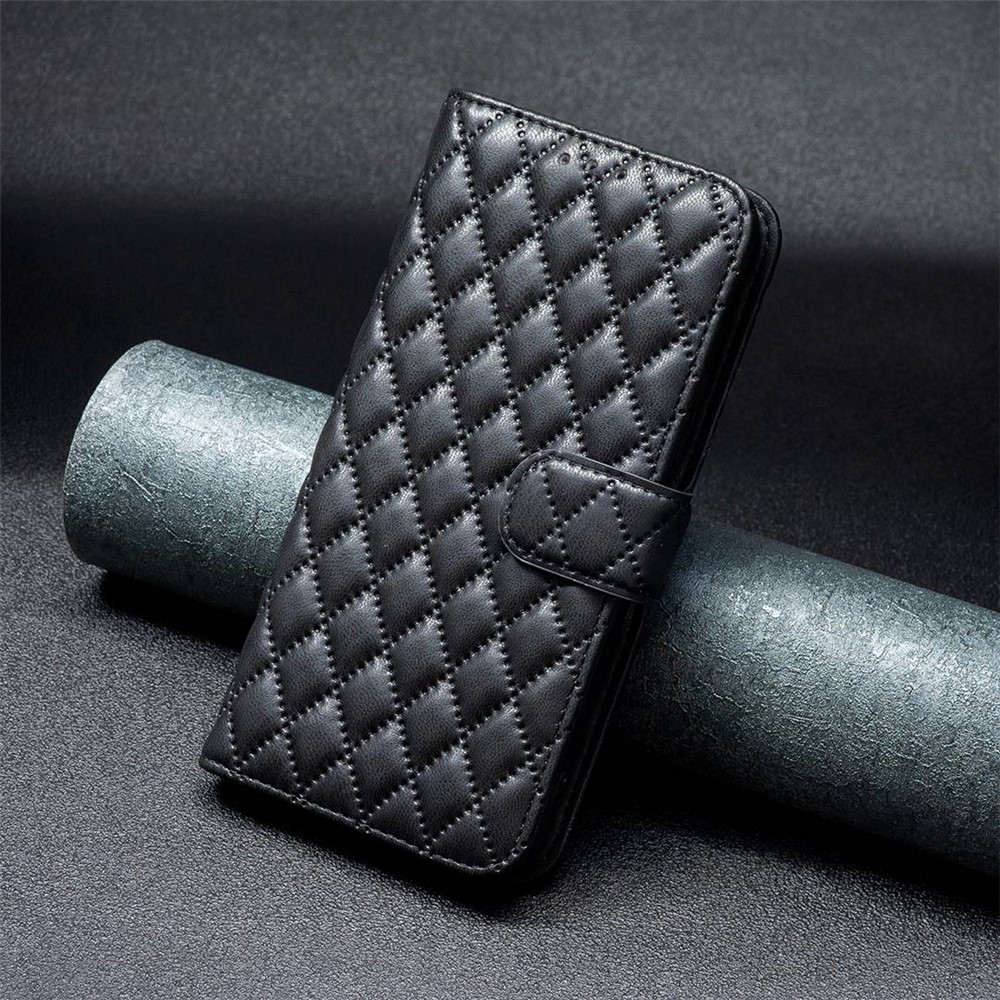 BINFEN COLOR For Samsung Galaxy S21+ 5G Wallet Cover, BF Style-14 Imprinted Rhombus Pattern Bump Proof Stand Matte PU Leather Case - Black-4