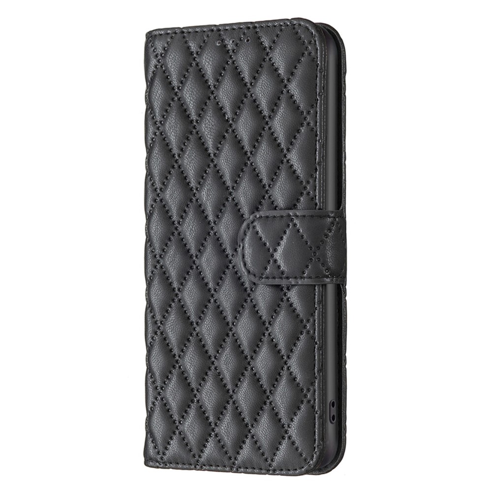 BINFEN COLOR For Samsung Galaxy S21+ 5G Wallet Cover, BF Style-14 Imprinted Rhombus Pattern Bump Proof Stand Matte PU Leather Case - Black-6
