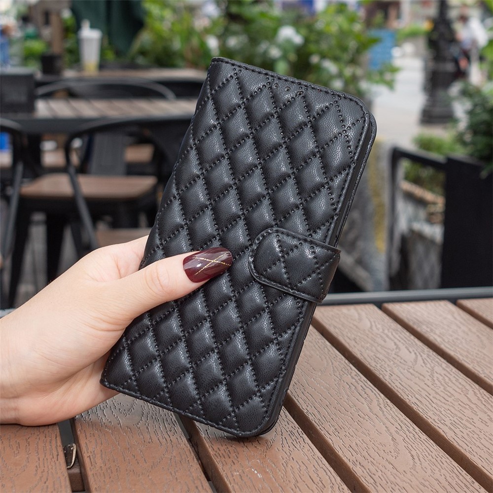 BINFEN COLOR For Samsung Galaxy A52 4G / 5G / A52s 5G PU Leather Shell, BF Style-14 Imprinted Rhombus Pattern Wallet Cover Matte Phone Stand Case - Black-5
