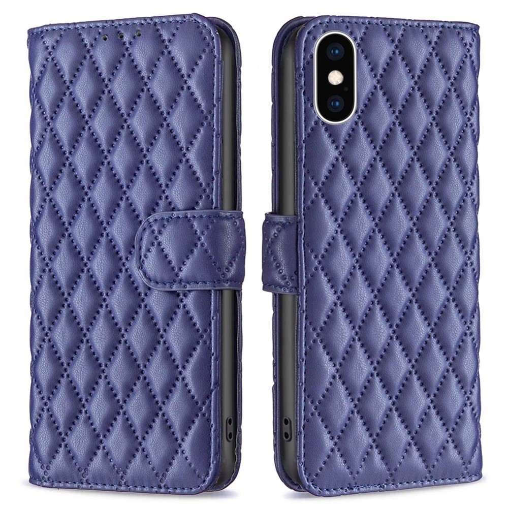 BINFEN COLOR For iPhone XS Max 6.5 inch Wallet Cover, BF Style-14 Imprinted Rhombus Pattern Overall Coverage Stand Matte PU Leather Case - Blue