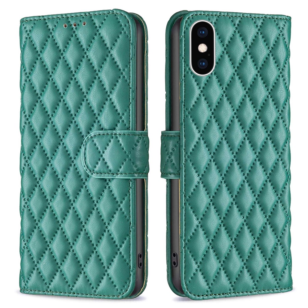 BINFEN COLOR For iPhone XS Max 6.5 inch Wallet Cover, BF Style-14 Imprinted Rhombus Pattern Overall Coverage Stand Matte PU Leather Case - Green