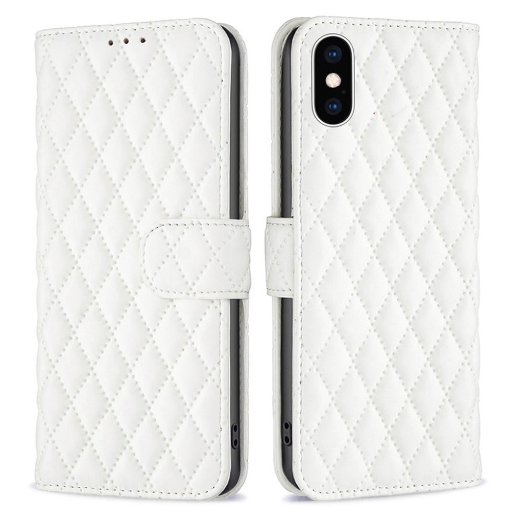 BINFEN COLOR For iPhone XS Max 6.5 inch Wallet Cover, BF Style-14 Imprinted Rhombus Pattern Overall Coverage Stand Matte PU Leather Case - White