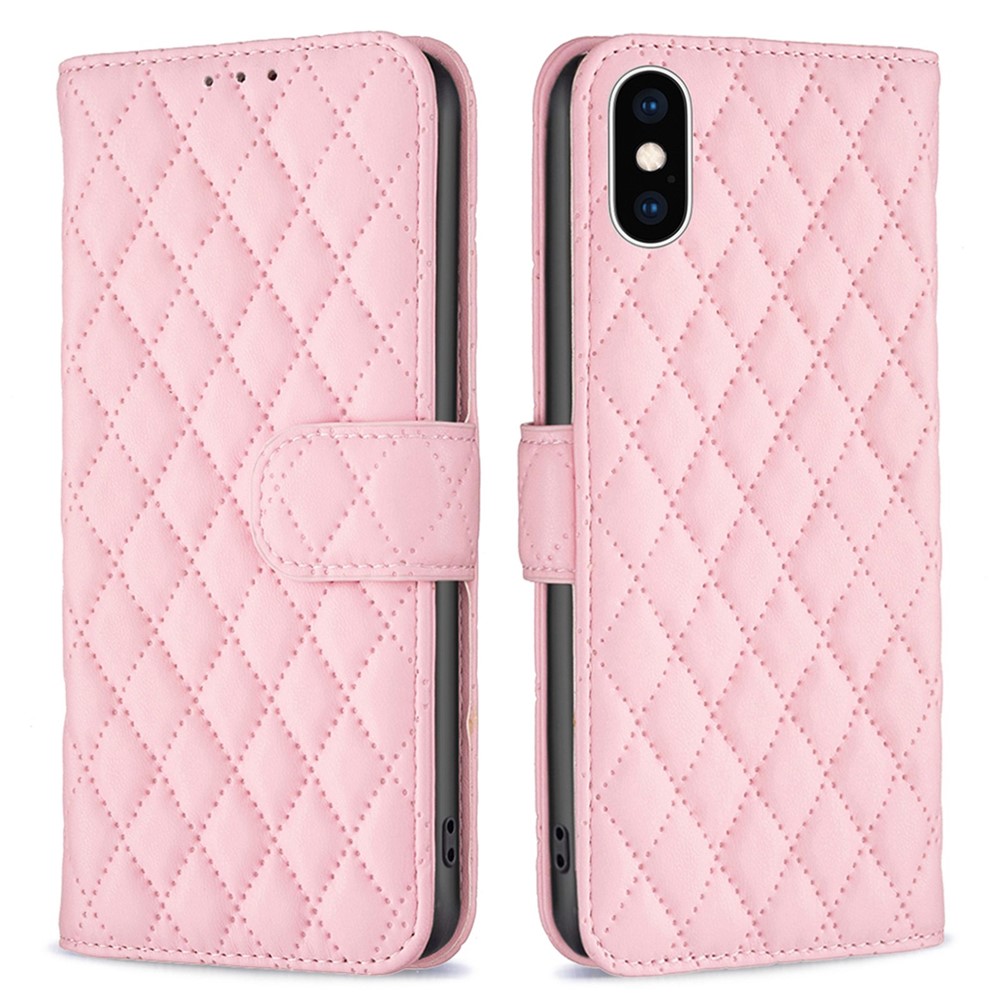 BINFEN COLOR For iPhone XS Max 6.5 inch Wallet Cover, BF Style-14 Imprinted Rhombus Pattern Overall Coverage Stand Matte PU Leather Case - Pink