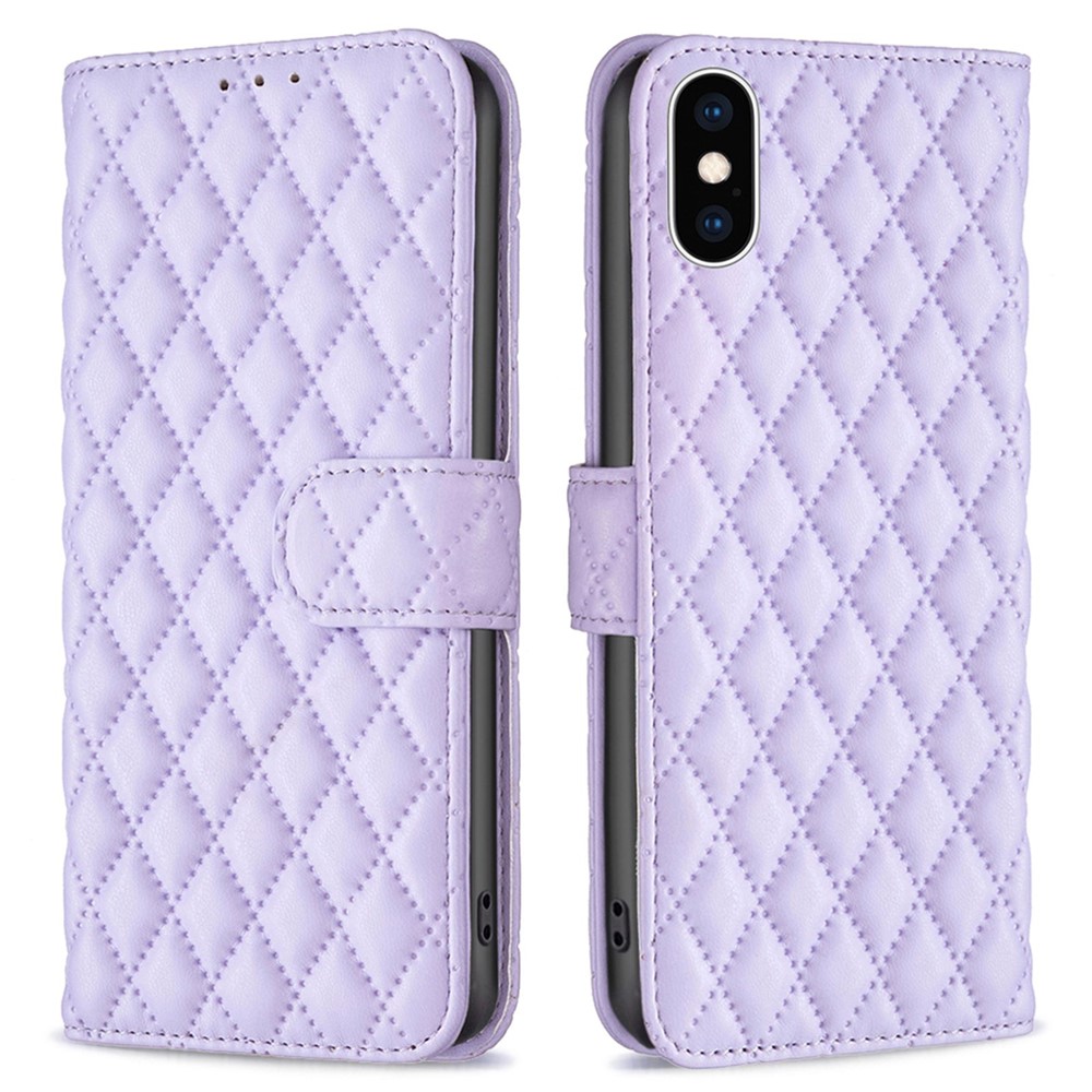 BINFEN COLOR For iPhone XS Max 6.5 inch Wallet Cover, BF Style-14 Imprinted Rhombus Pattern Overall Coverage Stand Matte PU Leather Case - Purple