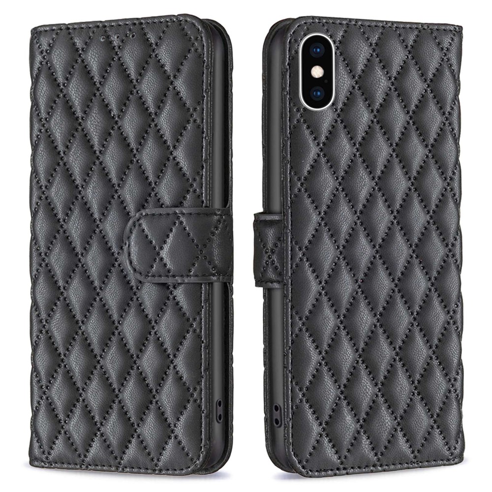 BINFEN COLOR Flip Cover For iPhone XS 5.8 inch BF Style-14 Anti-scratch Imprinted Rhombus Pattern Phone Wallet Case Stand with Card Slots - Black