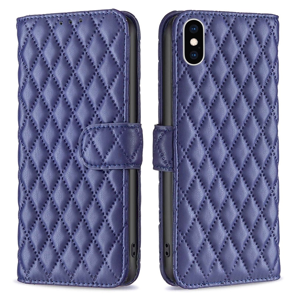 BINFEN COLOR Flip Cover For iPhone XS 5.8 inch BF Style-14 Anti-scratch Imprinted Rhombus Pattern Phone Wallet Case Stand with Card Slots - Blue