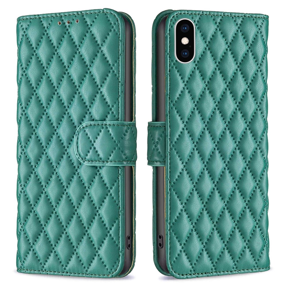 BINFEN COLOR Flip Cover For iPhone XS 5.8 inch BF Style-14 Anti-scratch Imprinted Rhombus Pattern Phone Wallet Case Stand with Card Slots - Green