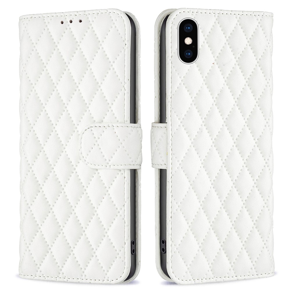 BINFEN COLOR Flip Cover For iPhone XS 5.8 inch BF Style-14 Anti-scratch Imprinted Rhombus Pattern Phone Wallet Case Stand with Card Slots - White