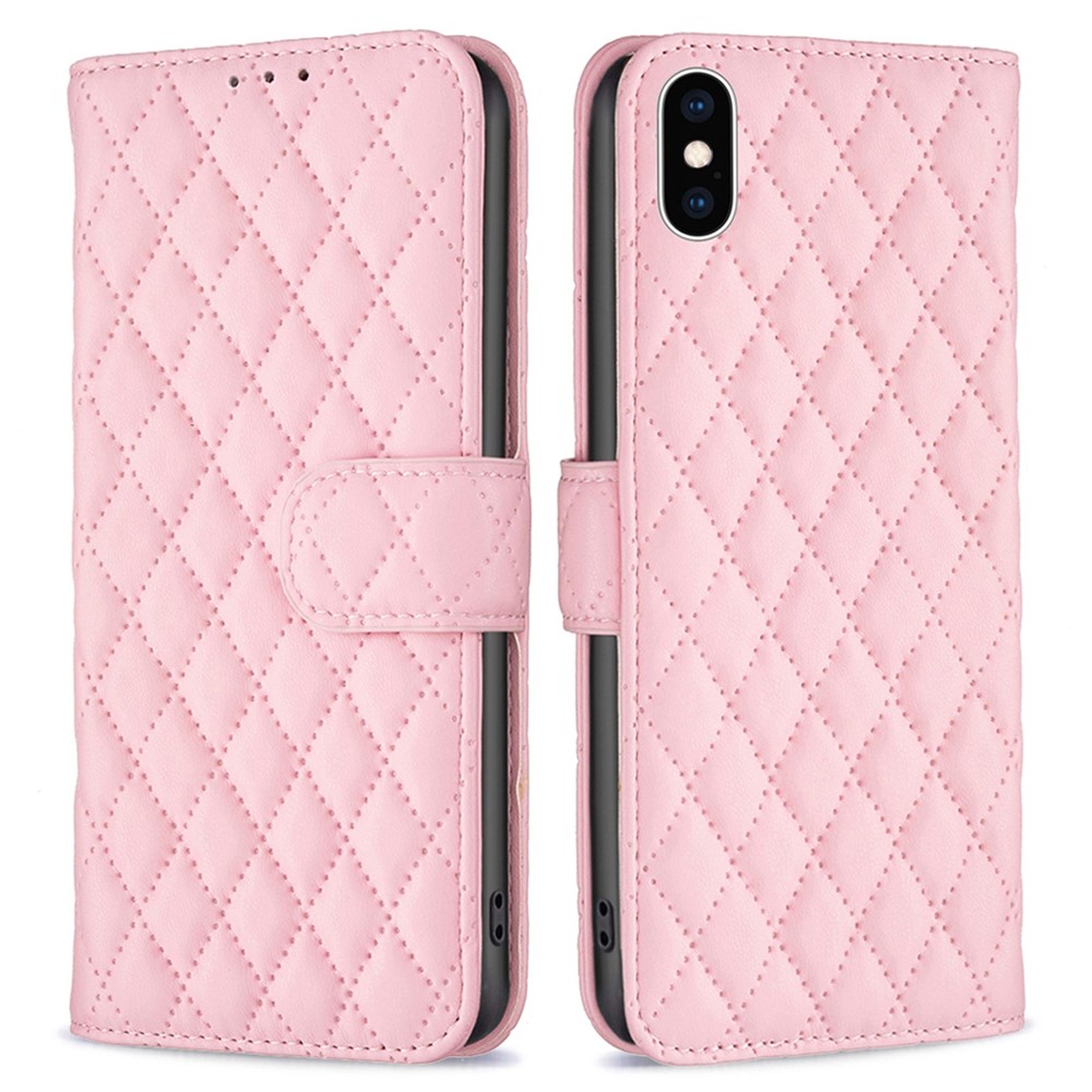 BINFEN COLOR Flip Cover For iPhone XS 5.8 inch BF Style-14 Anti-scratch Imprinted Rhombus Pattern Phone Wallet Case Stand with Card Slots - Pink