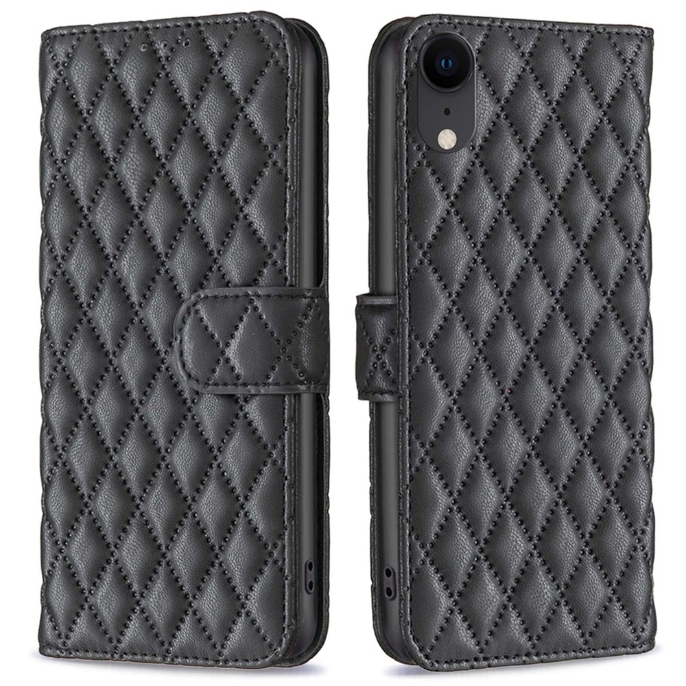 BINFEN COLOR Wallet Book Style Cover for iPhone XR 6.1 inch, BF Style-14 Imprinted Rhombus Pattern Matte Anti-drop Phone Case with Stand - Black