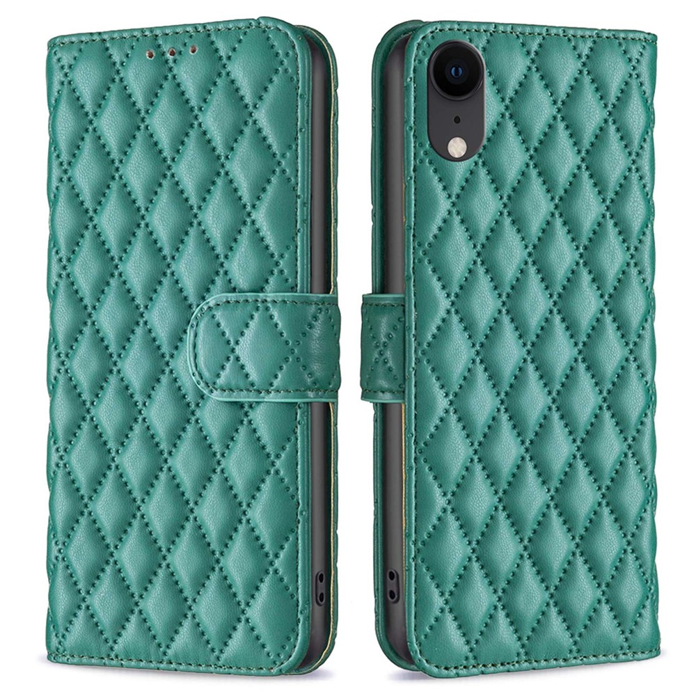 BINFEN COLOR Wallet Book Style Cover for iPhone XR 6.1 inch, BF Style-14 Imprinted Rhombus Pattern Matte Anti-drop Phone Case with Stand - Green
