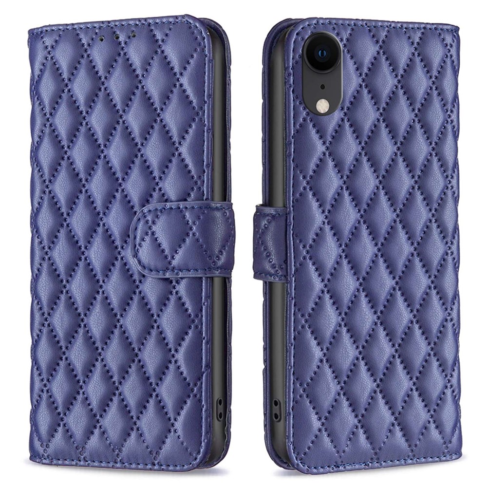 BINFEN COLOR Wallet Book Style Cover for iPhone XR 6.1 inch, BF Style-14 Imprinted Rhombus Pattern Matte Anti-drop Phone Case with Stand - Blue