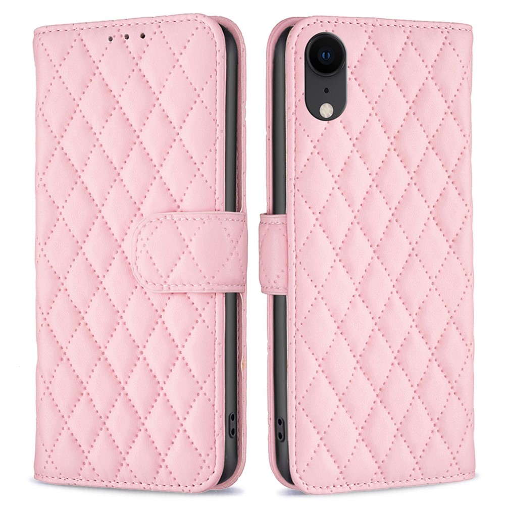 BINFEN COLOR Wallet Book Style Cover for iPhone XR 6.1 inch, BF Style-14 Imprinted Rhombus Pattern Matte Anti-drop Phone Case with Stand - Pink