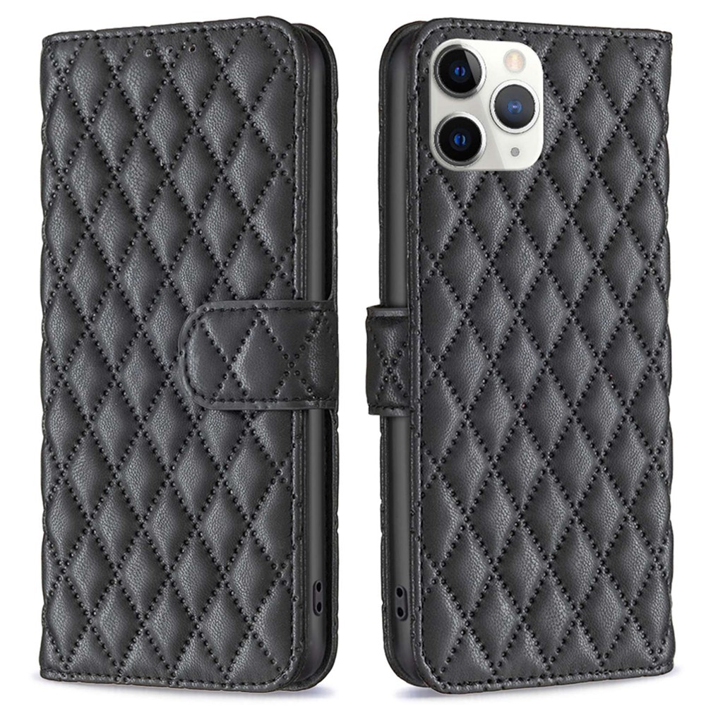 BINFEN COLOR For iPhone 11 Pro Max 6.5 inch BF Style-14 Imprinted Rhombus Pattern PU Leather Wallet Case Adjustable Stand Matte Protective Phone Shell - Black