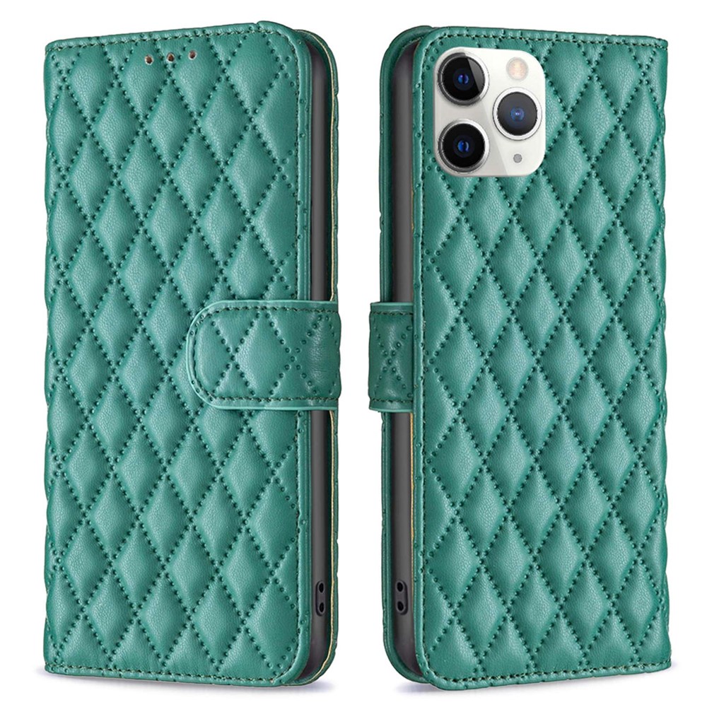 BINFEN COLOR For iPhone 11 Pro Max 6.5 inch BF Style-14 Imprinted Rhombus Pattern PU Leather Wallet Case Adjustable Stand Matte Protective Phone Shell - Green