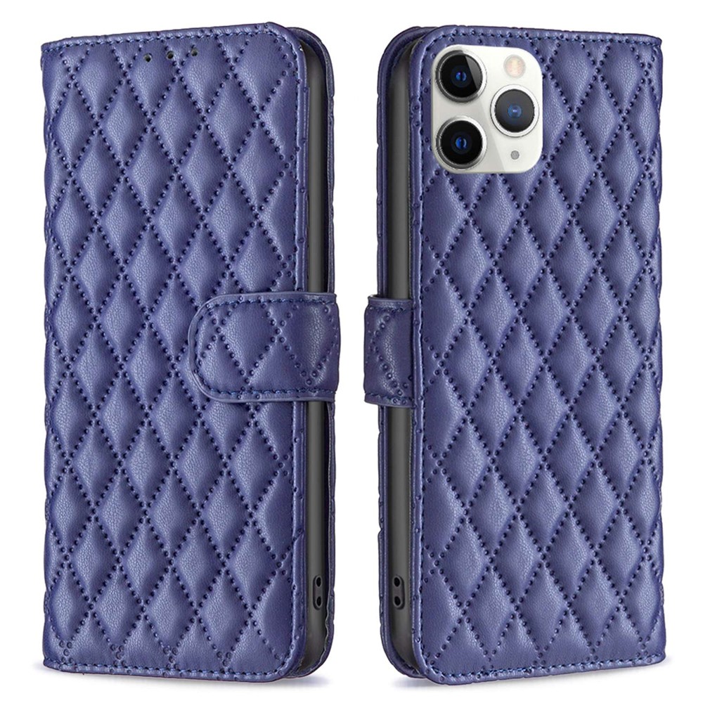 BINFEN COLOR For iPhone 11 Pro Max 6.5 inch BF Style-14 Imprinted Rhombus Pattern PU Leather Wallet Case Adjustable Stand Matte Protective Phone Shell - Blue