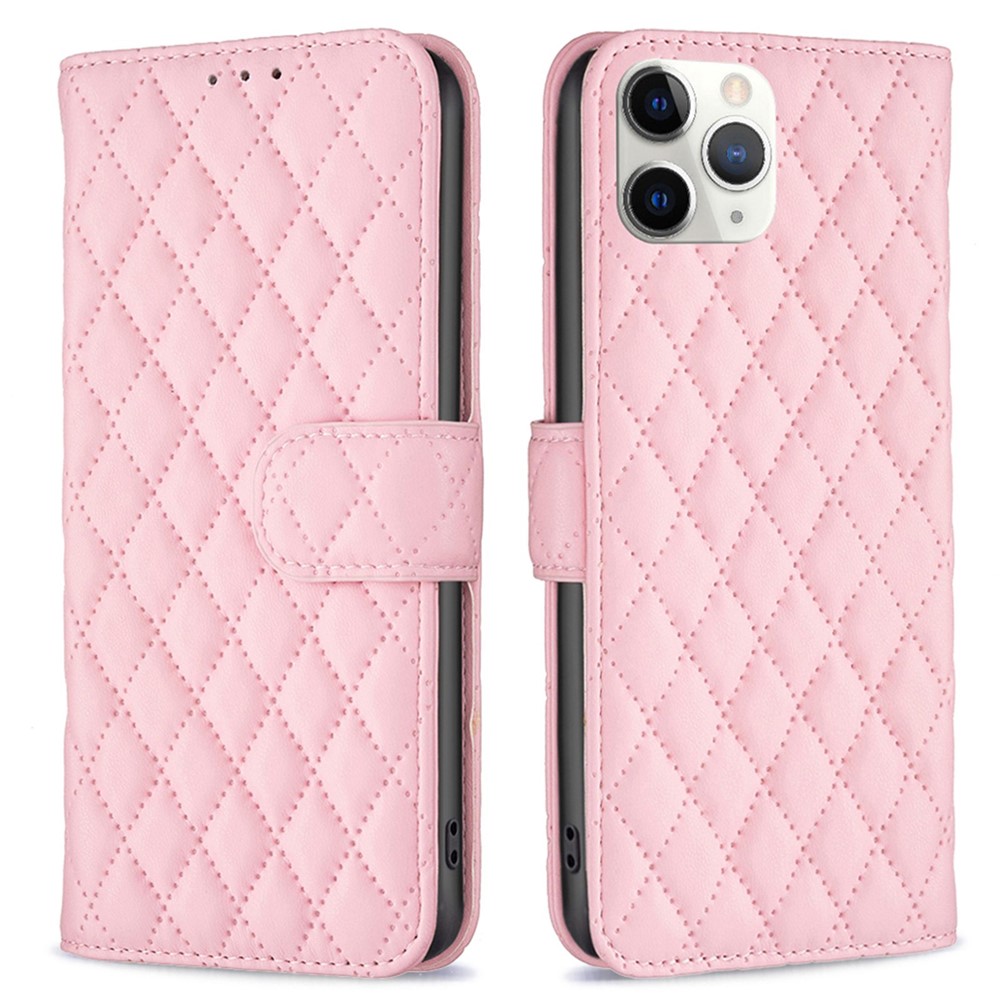 BINFEN COLOR For iPhone 11 Pro Max 6.5 inch BF Style-14 Imprinted Rhombus Pattern PU Leather Wallet Case Adjustable Stand Matte Protective Phone Shell - Pink