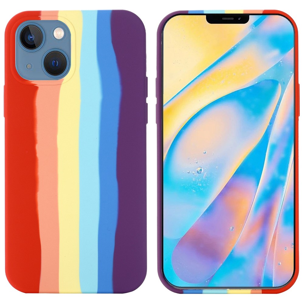 For iPhone 14 Max 6.7 inch Rainbow Design Liquid Silicone Phone Back Cover Anti-scratch Anti-drop Case - Red-1