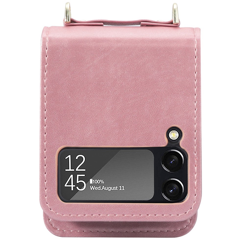 For Samsung Galaxy Z Flip4 5G Phone Cover with One-piece Design Anti-scratch PU Leather + PC Mobile Phone Case with Long Lanyard Card Holder - Pink-2