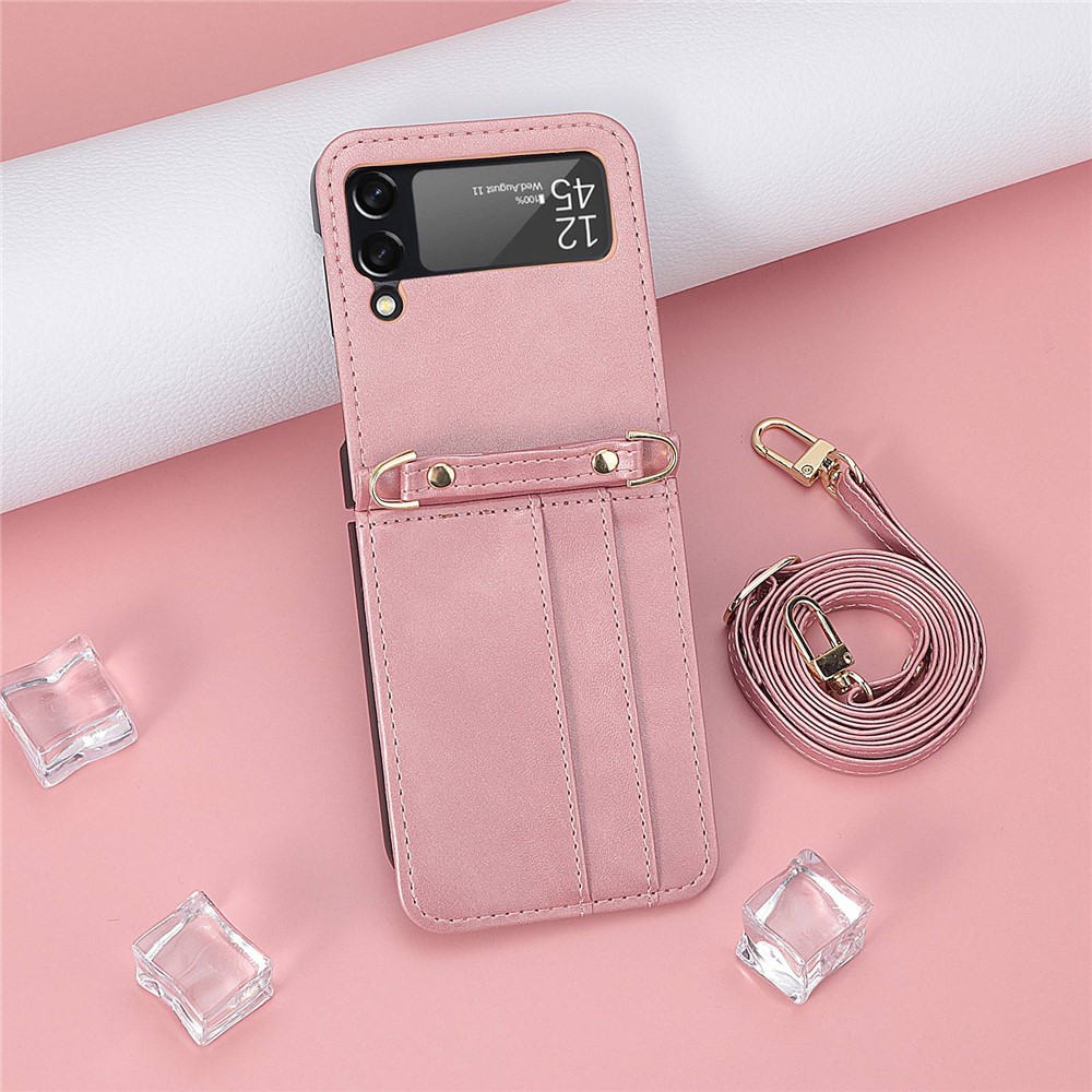 For Samsung Galaxy Z Flip4 5G Phone Cover with One-piece Design Anti-scratch PU Leather + PC Mobile Phone Case with Long Lanyard Card Holder - Pink-6