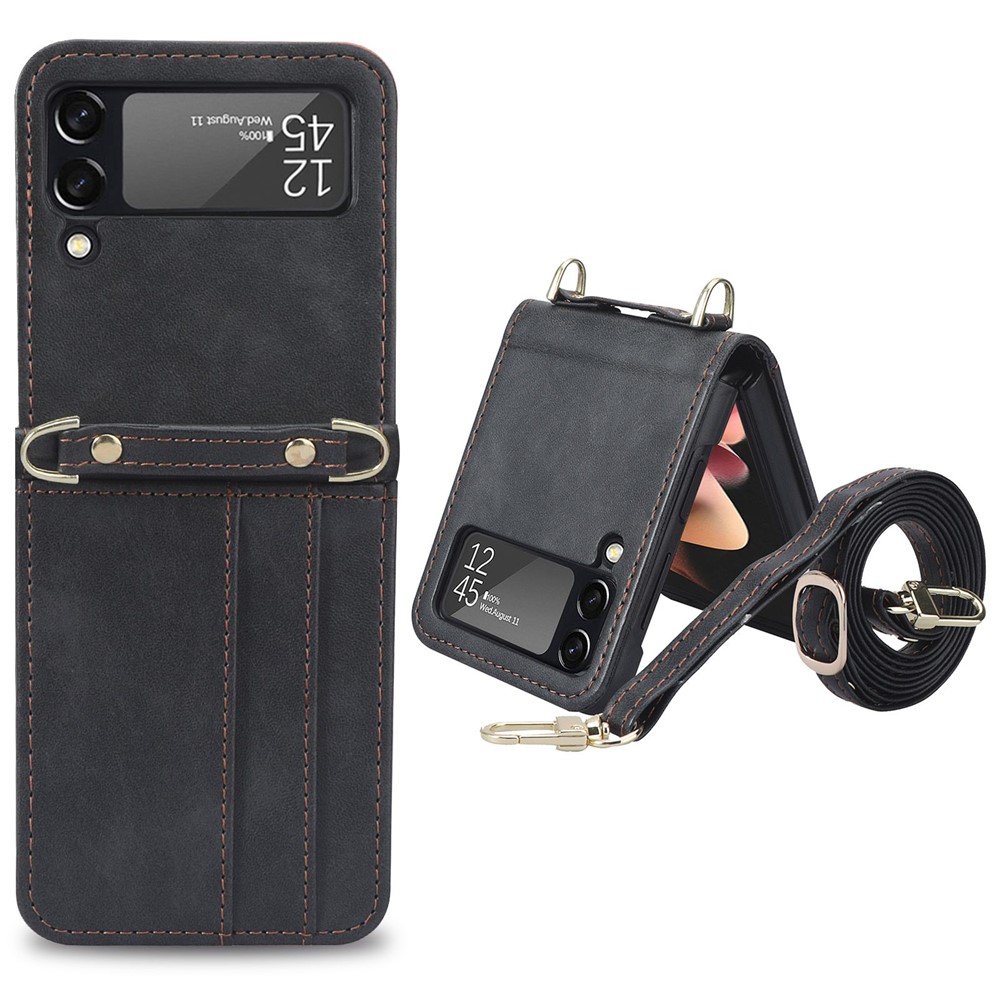 For Samsung Galaxy Z Flip4 5G Phone Cover with One-piece Design Anti-scratch PU Leather + PC Mobile Phone Case with Long Lanyard Card Holder - Black-1