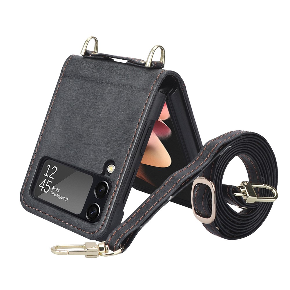 For Samsung Galaxy Z Flip4 5G Phone Cover with One-piece Design Anti-scratch PU Leather + PC Mobile Phone Case with Long Lanyard Card Holder - Black-4