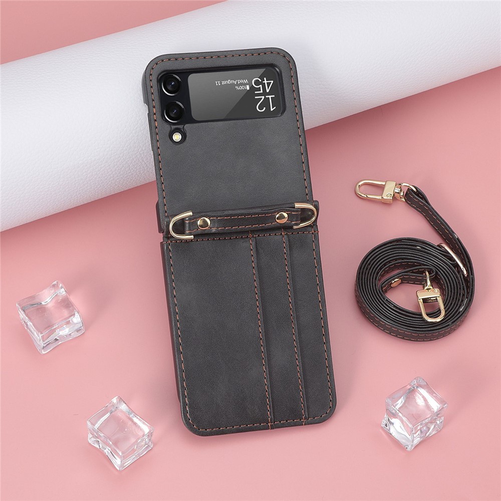 For Samsung Galaxy Z Flip4 5G Phone Cover with One-piece Design Anti-scratch PU Leather + PC Mobile Phone Case with Long Lanyard Card Holder - Black-5