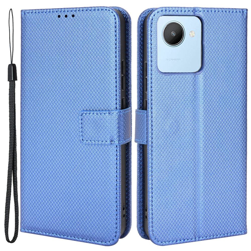 For Realme C30 4G Supporting Stand Wallet Phone Case Wrist Strap Diamond Texture PU Leather Phone Cover - Blue-1