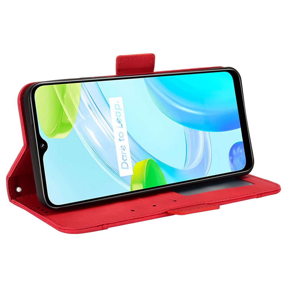 Multiple Card Slots Cell Phone Case for Realme C30 4G, PU Leather Folio Wallet and Stand Flip Cover - Red-3