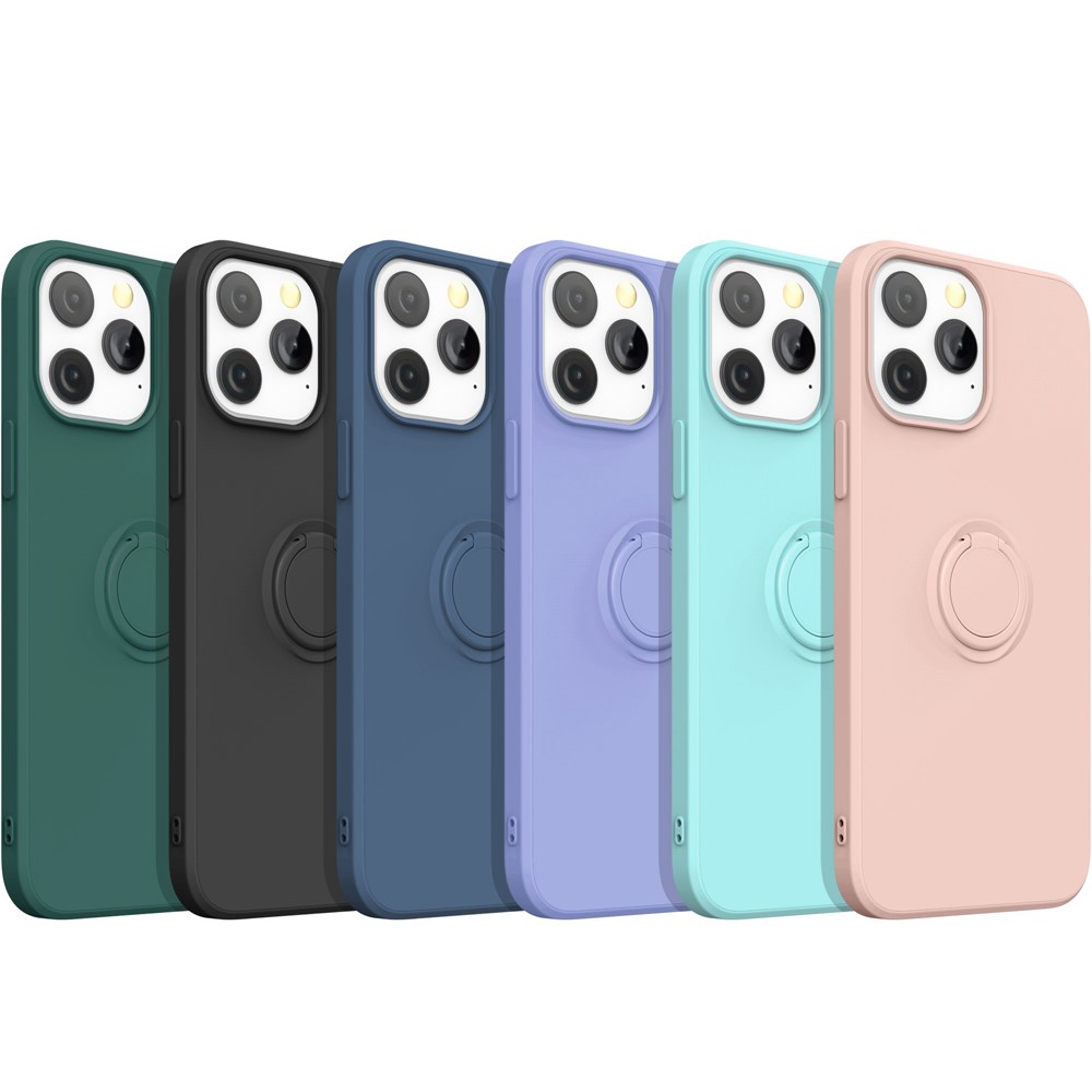 For iPhone 14 Pro Max 6.7 inch Ring Kickstand Design Liquid Silicone Phone Case Protective Cover with Lanyard - Green-9