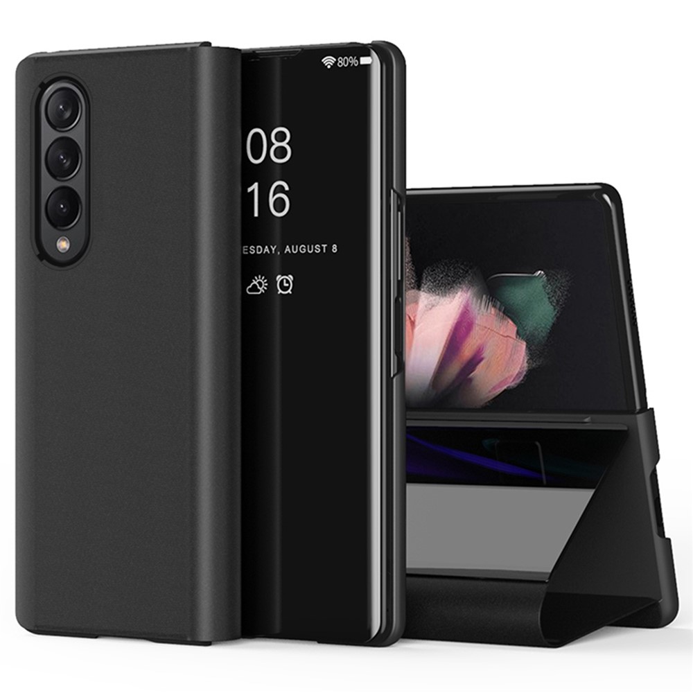 For Samsung Galaxy Z Fold4 5G View Window PU Leather Case Foldable Stand Mirror Electroplating Phone Cover Protector - Black-1