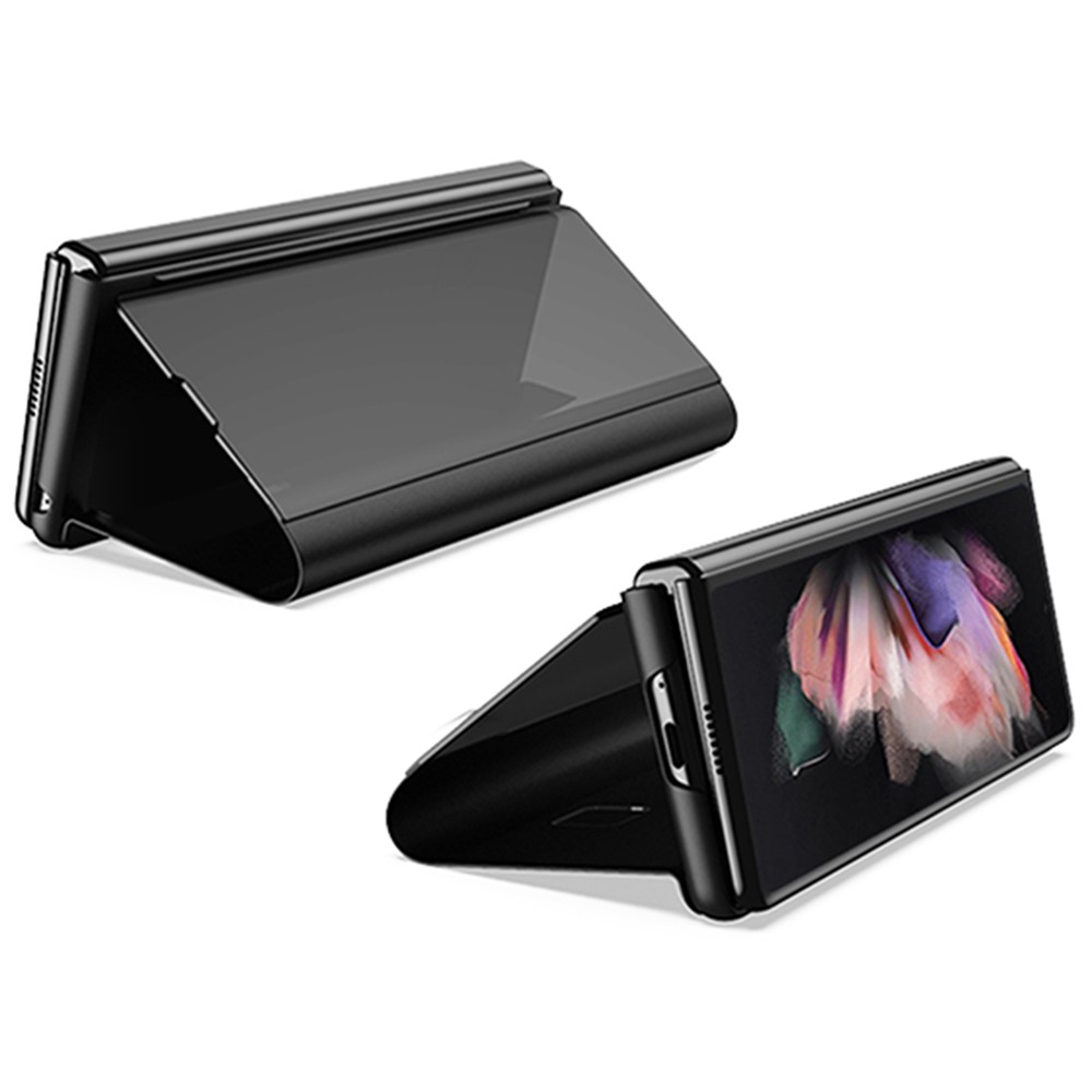 For Samsung Galaxy Z Fold4 5G View Window PU Leather Case Foldable Stand Mirror Electroplating Phone Cover Protector - Black-3