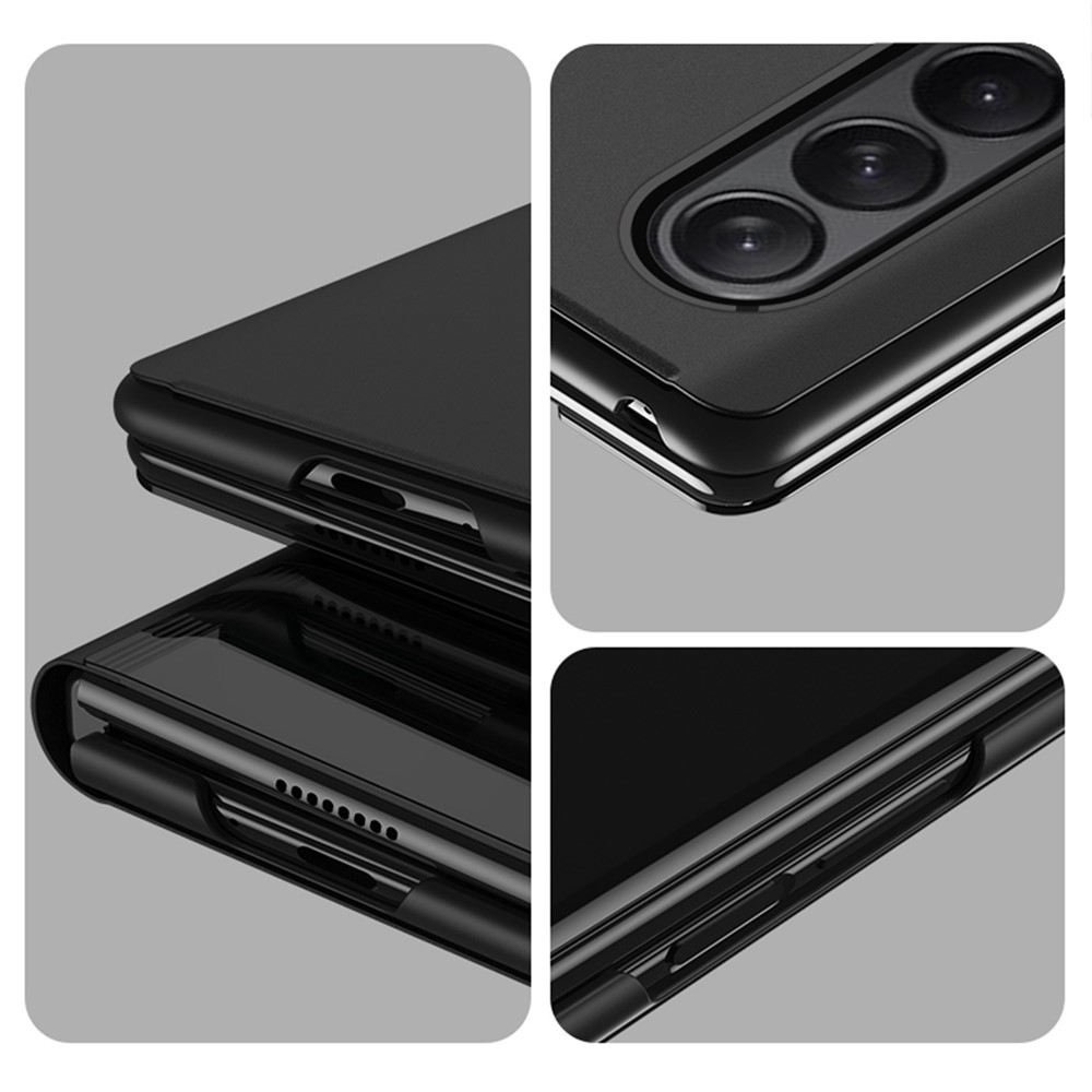 For Samsung Galaxy Z Fold4 5G View Window PU Leather Case Foldable Stand Mirror Electroplating Phone Cover Protector - Black-6