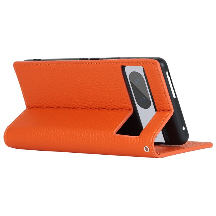 Para Google Pixel 7 5G Protección Completa Litchi Textura Case de Teléfono de Cuero Genuino Stand Propina de la Billetera de la Billetera Con Correa Para la Muñeca - Naranja-4