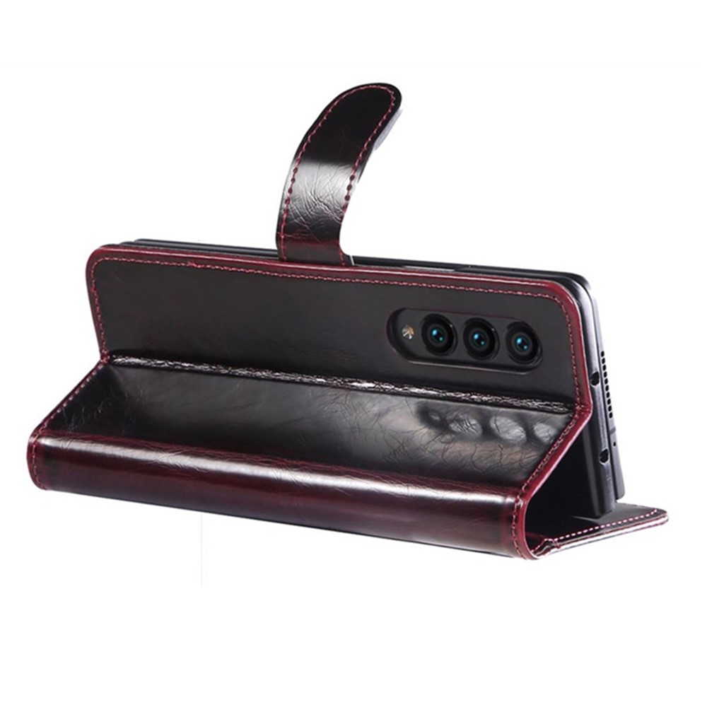 For Samsung Galaxy Z Fold4 5G Waxy Texture PU Leather Stand Wallet Phone Case Magnetic Clasp Zipper Pocket Cover - Wine Red-3