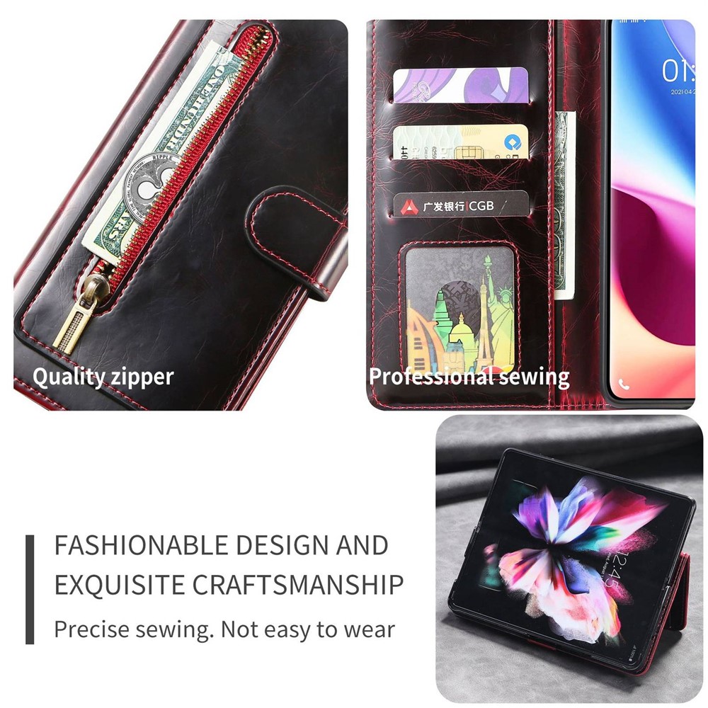For Samsung Galaxy Z Fold4 5G Waxy Texture PU Leather Stand Wallet Phone Case Magnetic Clasp Zipper Pocket Cover - Wine Red-7