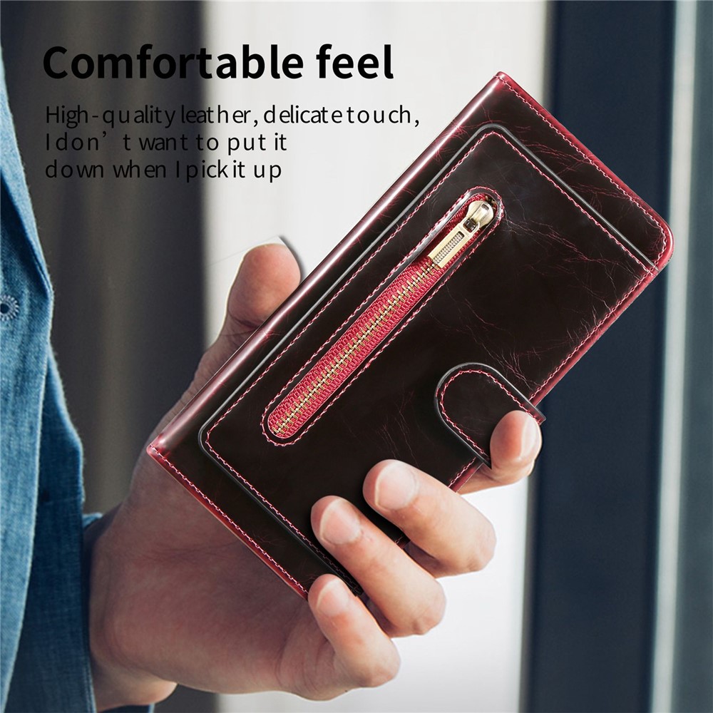 For Samsung Galaxy Z Fold4 5G Waxy Texture PU Leather Stand Wallet Phone Case Magnetic Clasp Zipper Pocket Cover - Wine Red-8