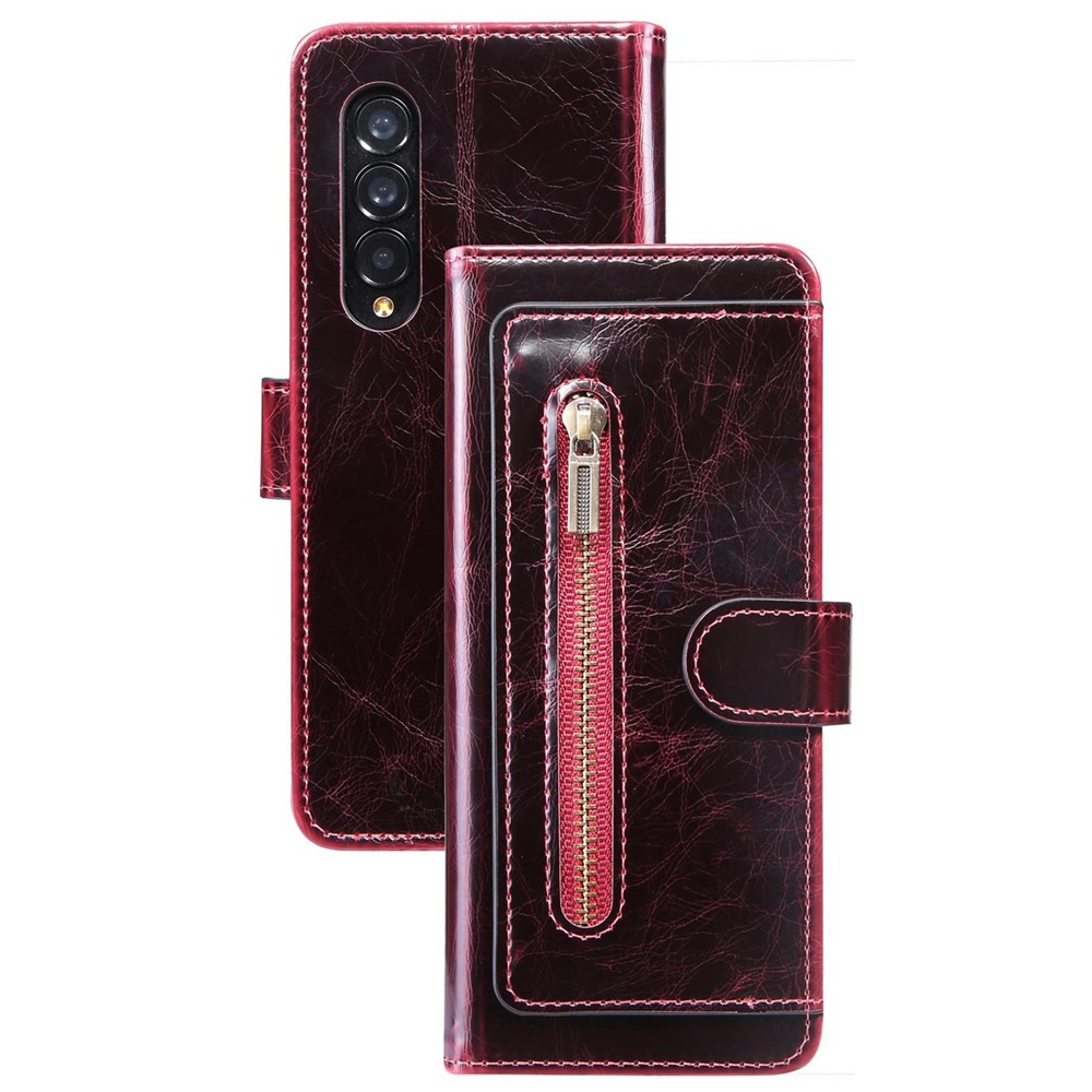For Samsung Galaxy Z Fold3 5G Waxy Texture Zipper Pocket PU Leather Case Stand Wallet Folio Flip Phone Cover - Wine Red-1