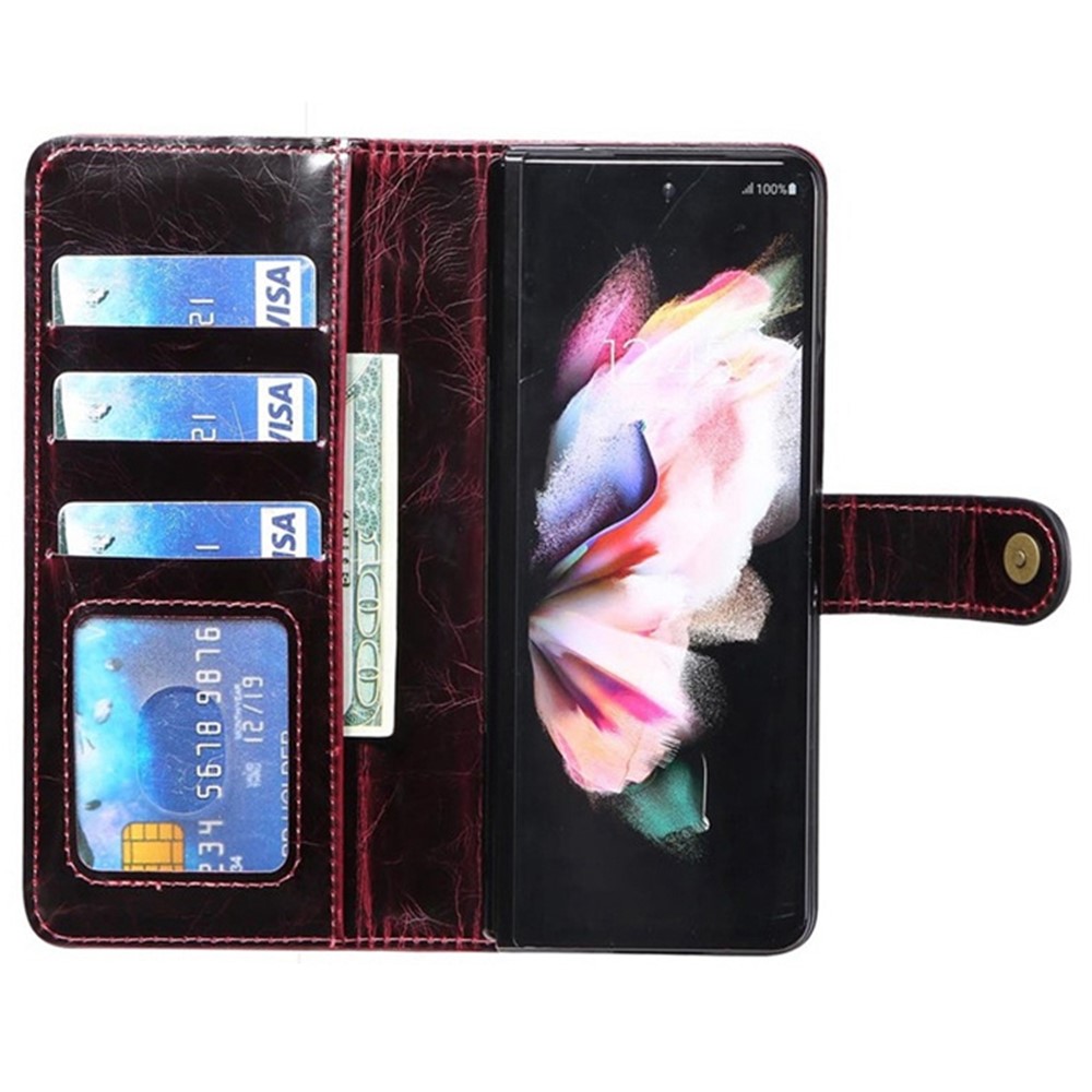 For Samsung Galaxy Z Fold3 5G Waxy Texture Zipper Pocket PU Leather Case Stand Wallet Folio Flip Phone Cover - Wine Red-2