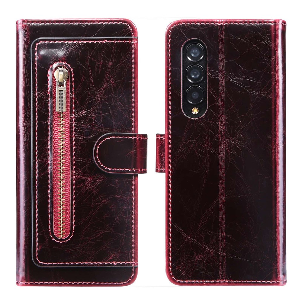 For Samsung Galaxy Z Fold3 5G Waxy Texture Zipper Pocket PU Leather Case Stand Wallet Folio Flip Phone Cover - Wine Red-5