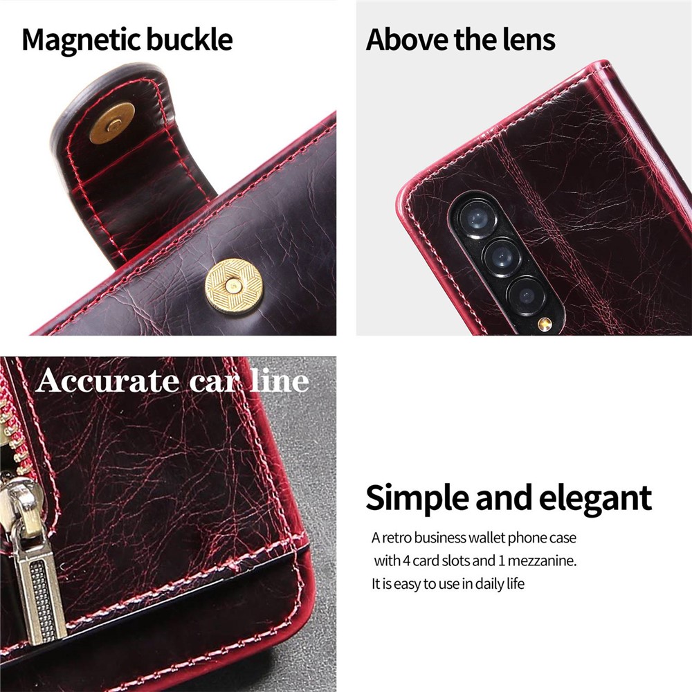 For Samsung Galaxy Z Fold3 5G Waxy Texture Zipper Pocket PU Leather Case Stand Wallet Folio Flip Phone Cover - Wine Red-6