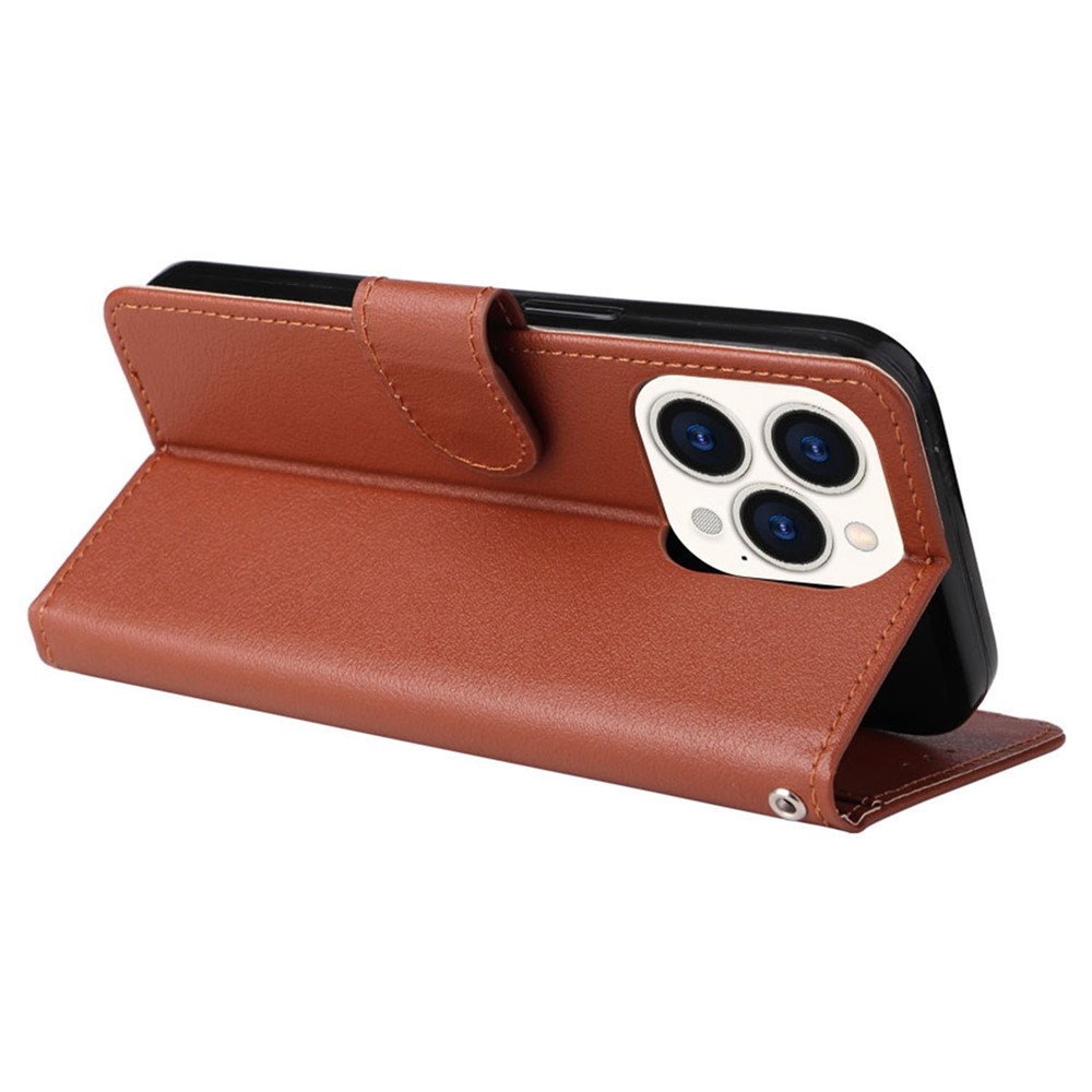 For iPhone 14 6.1 inch Fall Resistant Stand Cover, Folio Flip PU Leather Wallet Cell Phone Case with Lanyard - Brown-4