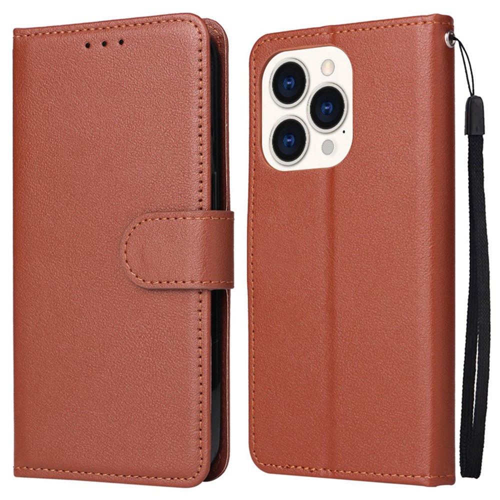 For iPhone 14 Pro Max 6.7 inch Stand Cover, Folio Flip PU Leather Wallet Cell Phone Case with Lanyard - Brown-1