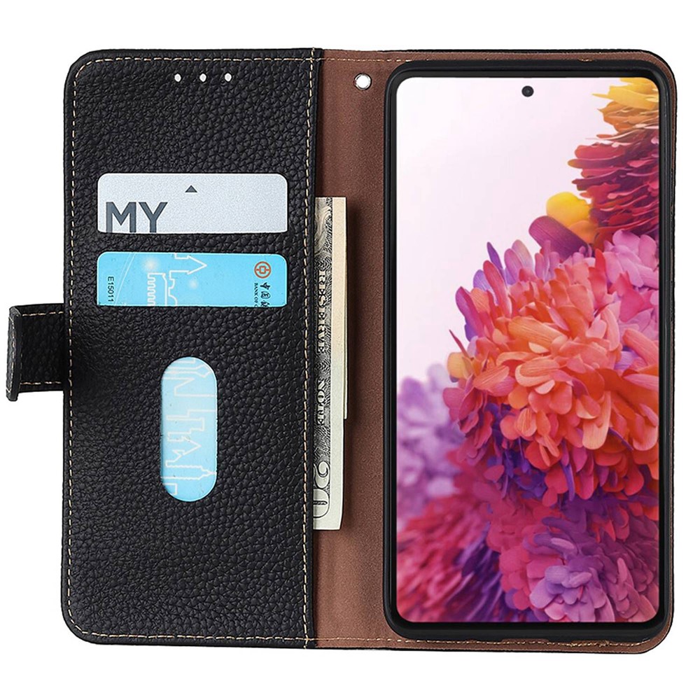 KHAZNEH for Samsung Galaxy M13 4G Wallet Style Cover Litchi Texture Genuine Leather Stand TPU Inner Anti-scratch Phone Case - Black-2